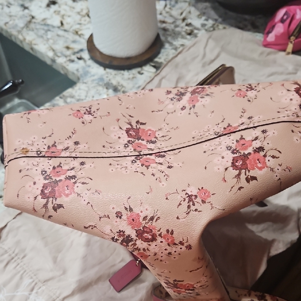 Coach Pink Floral Refined Pebble  Tote With Matching Wallet And Cosmetic Case - Picture 7 of 10